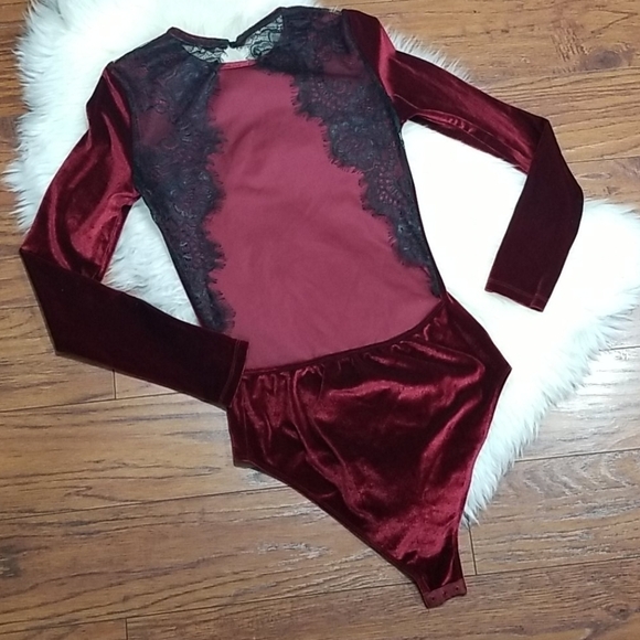 SHEIN Tops - Shein Lace Back Maroon Longsleeve Bodysuit